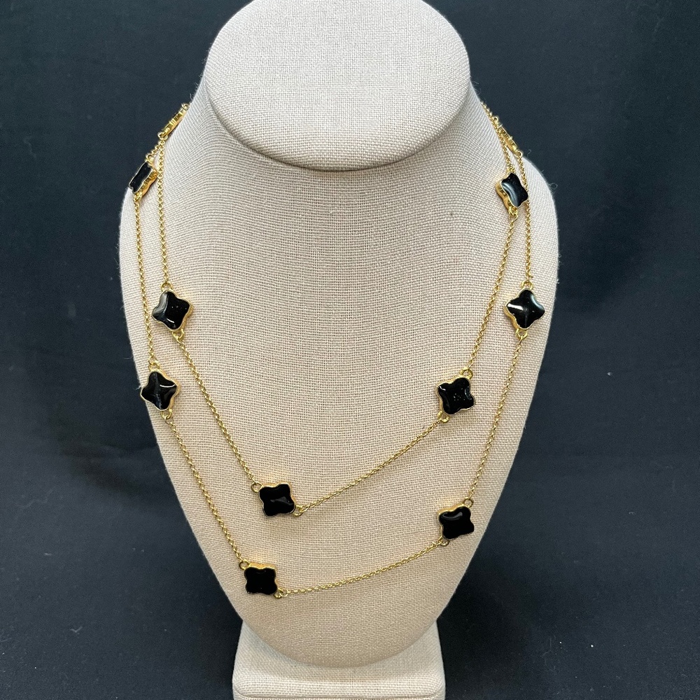 Long Necklace Black Enamel with Gold Chain - 20" Drop